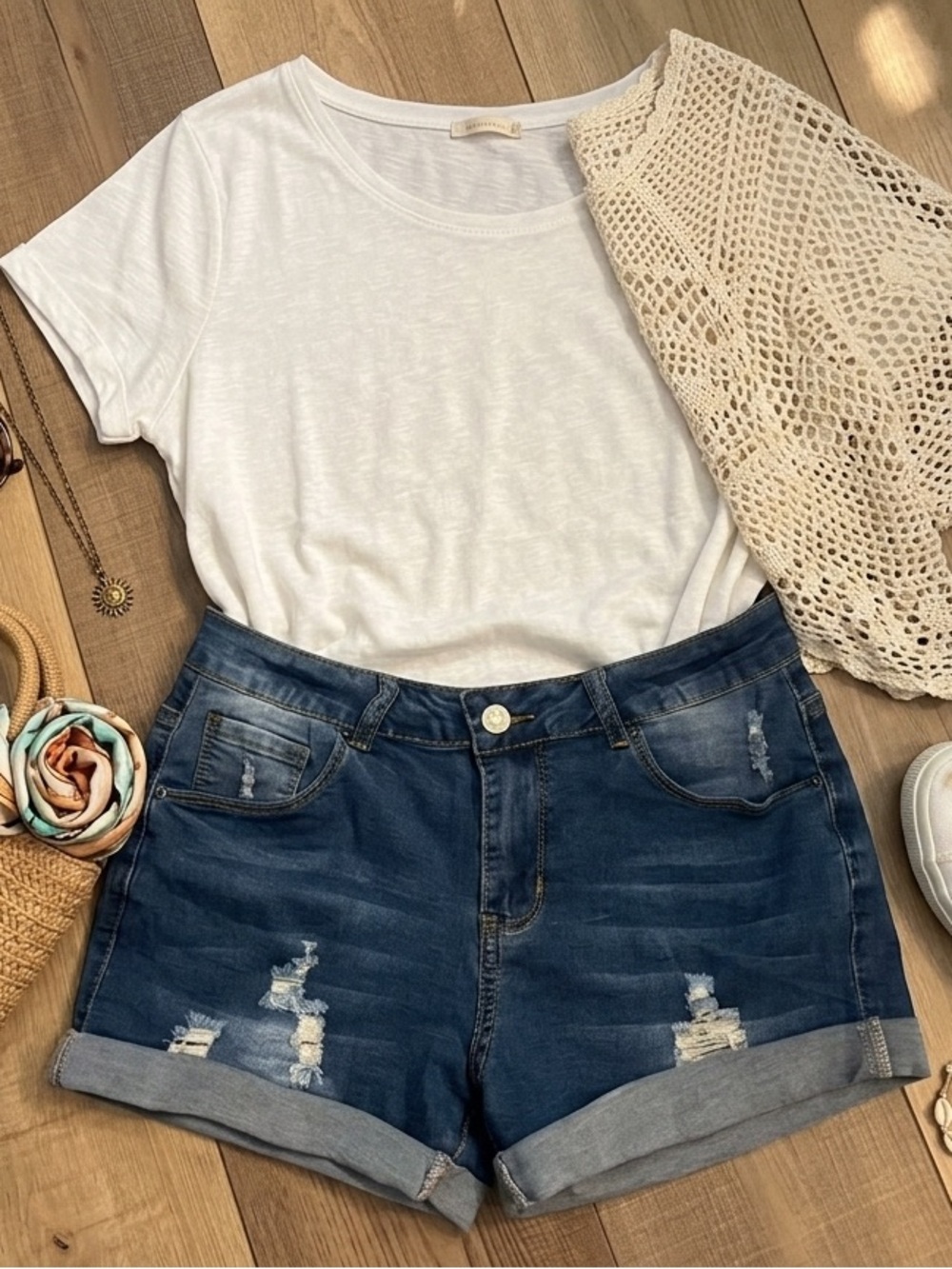 Dark Blue Denim Distressed Cuffed Jean Shorts